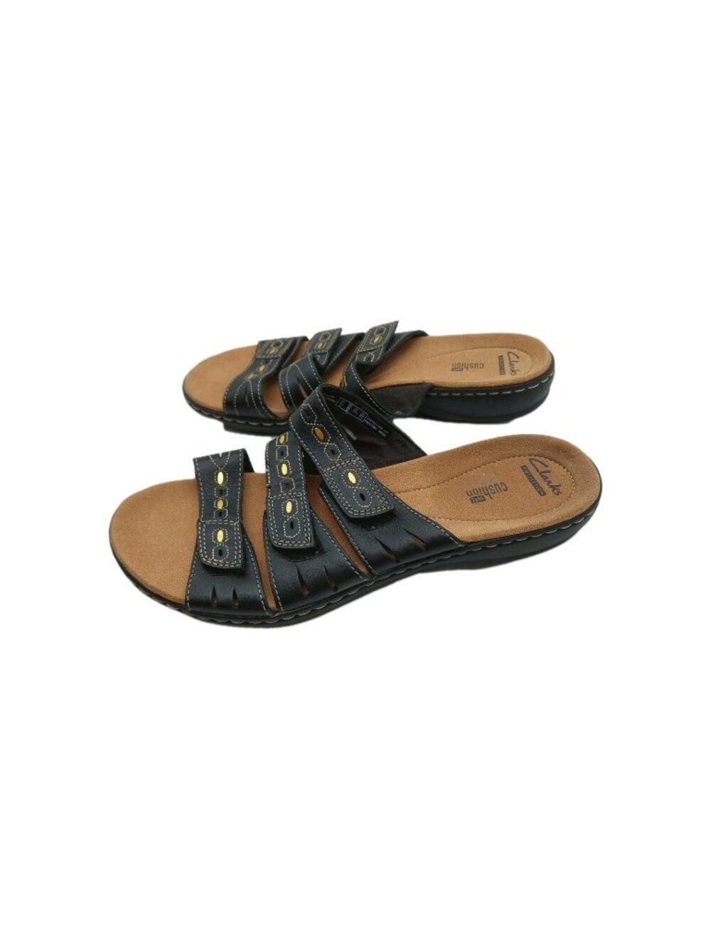 Clarks Leisa Broach Black Leather Slide Sandals Adjustable Straps Womens 10 M